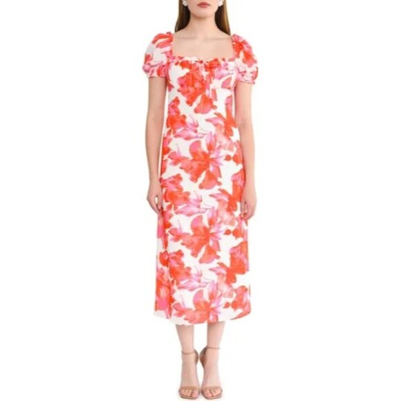 NWT WAYF Large Floral Print Maxi Dress Puff Sleeves & Tie Neckline - Picture 1 of 16